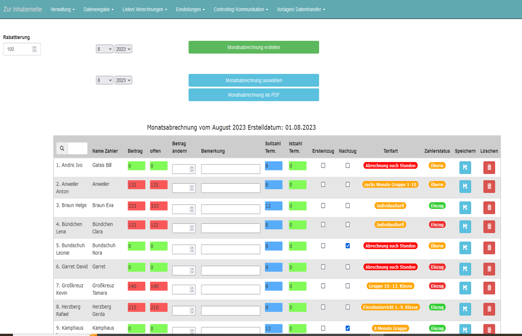 monatliche Abrechnungsliste
